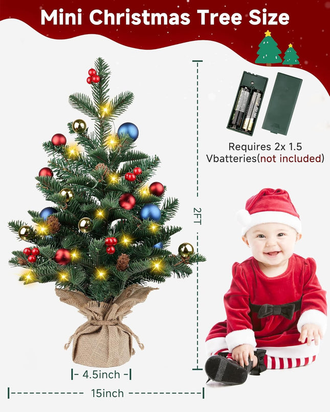 24 Inch Pre-lit Artificial Mini Christmas Tree, Vlorart Christmas Tree Tabletop Small Christmas Tree with Lights Includes Colored Balls, Berries, Pine Cones, and Cloth Bag Base
