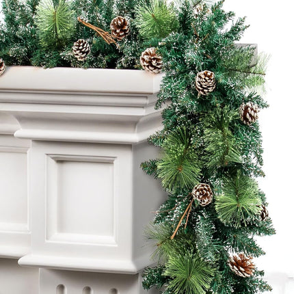 9 ft Prelit Christmas Garlands with 100 Lights Battery Operated Timer 8 Modes, Faux Frosted Pine Garland Christmas Decorations for Mantle, Stairs, Fireplace, with Pine Cones Dried Branches
