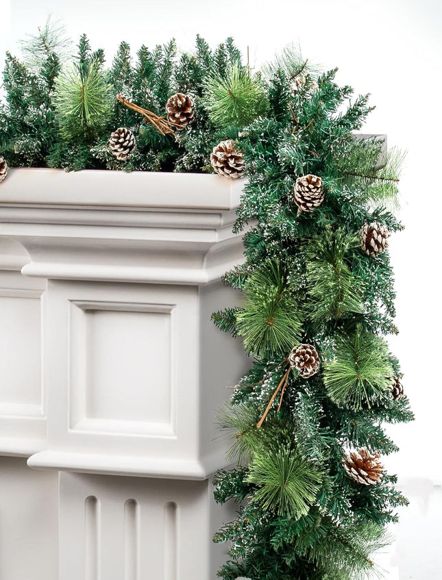 9 ft Prelit Christmas Garlands with 100 Lights Battery Operated Timer 8 Modes, Faux Frosted Pine Garland Christmas Decorations for Mantle, Stairs, Fireplace, with Pine Cones Dried Branches