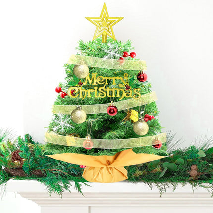 24 Inch Small Christmas Tree, Tabletop Christmas Tree with Star Treetop, Ornaments Balls, Merry Christmas Placard, Snowflakes, Golden Ribbon, Ornaments and Red Berries, Christmas Table Decorations