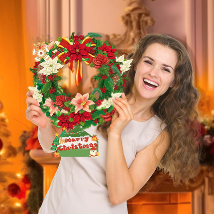 16 inch Airpark Paper Pop Up Christmas Wreath, Cards, Greeting Cards, Flower Cards, 3D Winter Joy Floral Wreath, Life Sized Reusable Christmas Decoration for Xmas Party & Home Decor