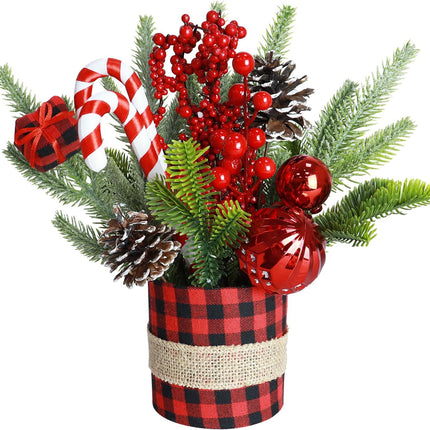 Small Tabletop Christmas Tree Artificial Mini Christmas Tree Decorations with Pine Cones Red Berries Desk Christmas Trees Buffalo Plaid Christmas Table Centerpieces for Xmas Office Home Decor
