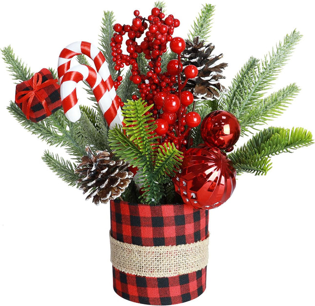 Small Tabletop Christmas Tree Artificial Mini Christmas Tree Decorations with Pine Cones Red Berries Desk Christmas Trees Buffalo Plaid Christmas Table Centerpieces for Xmas Office Home Decor