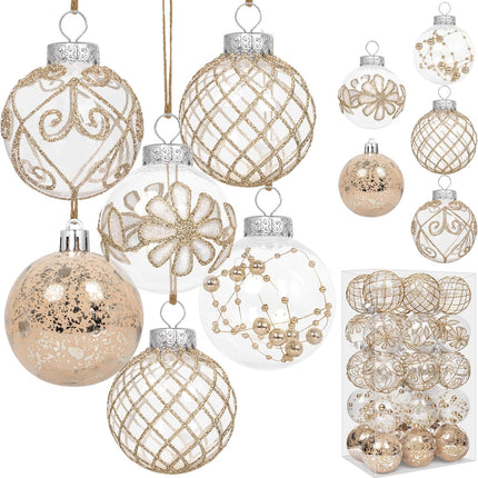30PCS Christmas Ball Ornaments 60mm/2.36" Large Shatterproof Clear Plastic Farmhouse Rustic Champagne Christmas Ornaments Hanging Christmas Tree Decorations Set Xmas Party Home Decor in 5 Styles