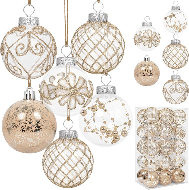 30PCS Christmas Ball Ornaments 60mm/2.36" Large Shatterproof Clear Plastic Farmhouse Rustic Champagne Christmas Ornaments Hanging Christmas Tree Decorations Set Xmas Party Home Decor in 5 Styles