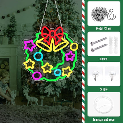 Christmas Wreaths Neon Signs，Dimmable Christmas LED Light Sign XMAS Bells Neon Light For Holiday Party Home Bar Festival Wall Decor USB Powered