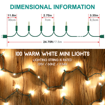 100 Christmas Mini Lights - 24.8 ft / 7.5m - 120V - Warm White Bulbs 2800K - Green Wire - 120V - End to End Connection - Indoor & Outdoor Use - Light Strings for Christmas Tree and Year Decoration