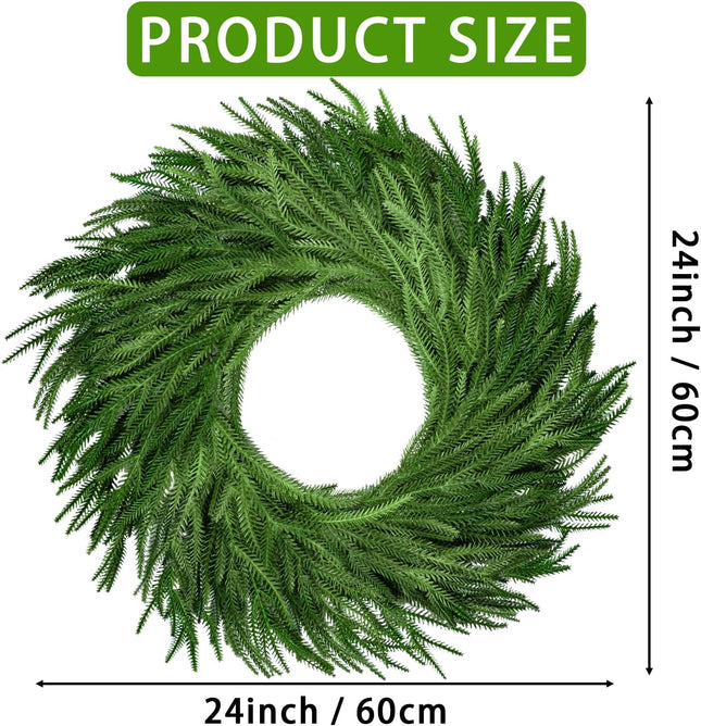 24 Inch Real Touch Norfolk Pine Wreath for Front Door, Green Wreaths Artificial Christmas Wreath for Wall Window Xmas Decoration