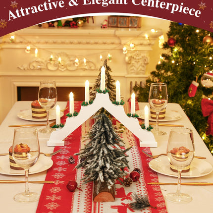 Lewondr Christmas Swedish Candelabra, Electric Candles with 7 Flameless Taper Candles, USB Powered Wooden Candle Bridge Light with Pine Needles, Decorative Xmas Candle Lights for Windows Wedding,White