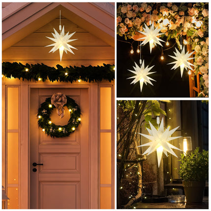 Kingdder 4 Pieces Moravian Star Light LED 3D Star Hanging Light Powered by Battery with Timer Function White Porch Light Holiday Decor for Indoor Outdoor Christmas Trees Balconies Courtyards (12 Inch)