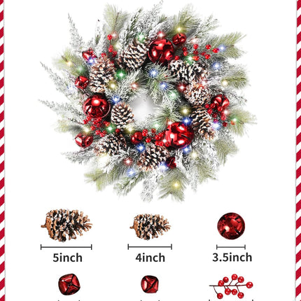 DDHS Christmas Wreaths for Front Door,24 Inch Pre-Lit Winter Wreath with Big Bells, Pine Cones, Red Berries 60 LED Lights, for Party Table Fireplaces Porch Walls Years Christmas Home Decor-Snow