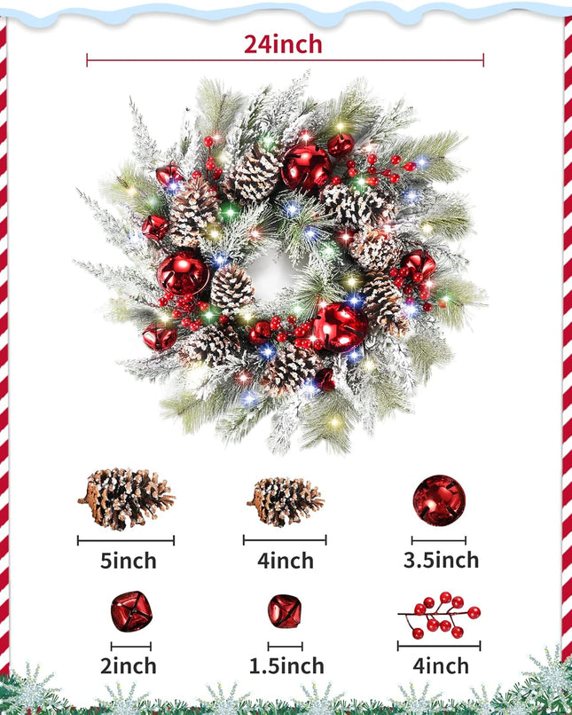 DDHS Christmas Wreaths for Front Door,24 Inch Pre-Lit Winter Wreath with Big Bells, Pine Cones, Red Berries 60 LED Lights, for Party Table Fireplaces Porch Walls Years Christmas Home Decor-Snow