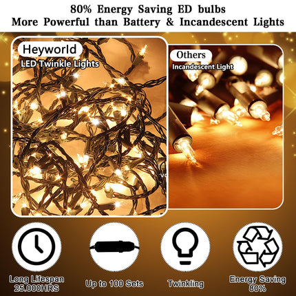 Slow Twinkle Lights, 20 Led Soft Twinkling Mini Christmas String Lights on Green Wire Cord, UL Approved 7 Ft, Connect Up to 100 Sets, Indoor Outdoor Use, Warm White (1, 20LED)