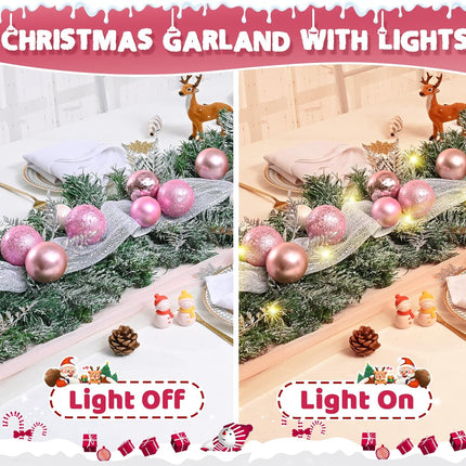 Christmas Garland Decorations, 5.9 FT Christmas Garland for Mantle, Snow Flocked Garland with Ribbons White Pink Christmas Balls, Frosted Garland Pine Garland for Indoor Outdoor Table Home Decor