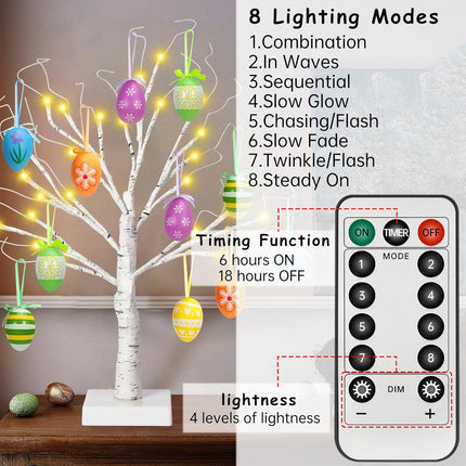 24" Easter Lighted Birch Tree with 12pcs Ornaments,Warm White LEDs Birch Tree Light Tabletop Artificial Tree 8 Lighting Modes USB or Batteries Operated with Timer for Easter Decor