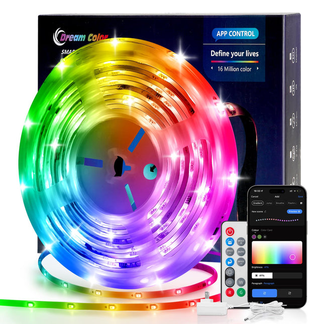Pak LED Lights for Bedroom 16.4ft, Smart RGB+IC LED Strip Lights with App/Remote Control, Music Sync Color Changing Flexible LED Lights with 64 Scene Modes for Party, Home, Christmas, Halloween Decor