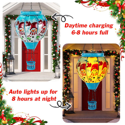 Christmas Hot Air Balloon Solar Lantern with Flame Decorations, Outdoor Waterproof Large Solar Hanging Snowman Lantern Xmas Glass Garden LED Light for Balcony Yard Patio Porch Decor