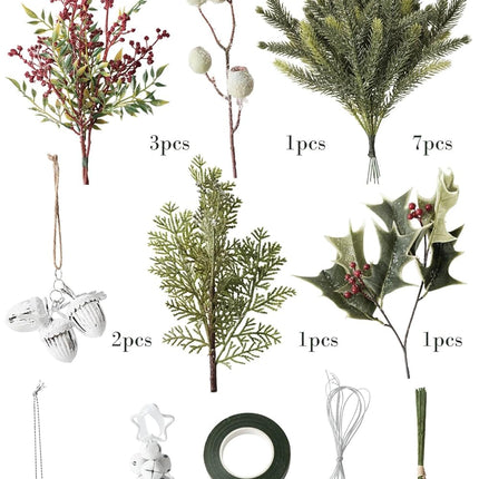 TINGE TIME Christmas Decoration Artificial Flowers Combo, 36pcs DIY Pine Needle, Bell, Berry Set for Xmas Tree Fireplace Staircase Wall Home Decoration (Bell & Pine Needle)