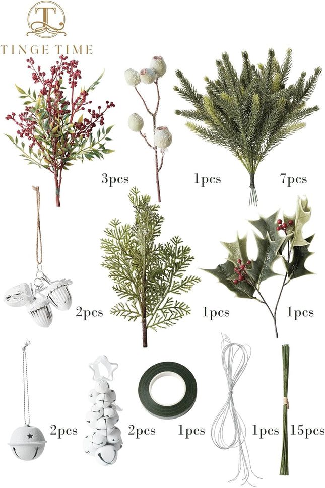 TINGE TIME Christmas Decoration Artificial Flowers Combo, 36pcs DIY Pine Needle, Bell, Berry Set for Xmas Tree Fireplace Staircase Wall Home Decoration (Bell & Pine Needle)