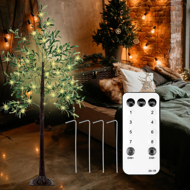 KOL 6FT Artificial Olive Tree with 300 Warm White LED Lights, Indoor Outdoor, Waterproof, 8 Flash Modes, 4 Brightness Adjustments, Timing Function, Easy Assembly, Satisfied Service