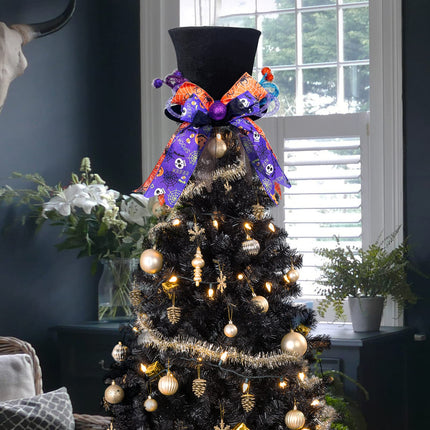 Lordaeron Christmas Halloween Tree Topper Hat,Large Black Velvet Hat with Purple and Orange Bow Seasonal Holiday Decorations Tabletop Ornaments for Home