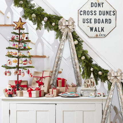 Christmas Tree Topper, 44.5 x 13 Inches Handmade Christmas Tree Topper Bow with Snowflake Large Champagne Bow with Wired Edge for Holiday Indoor & Outdoor Decoration