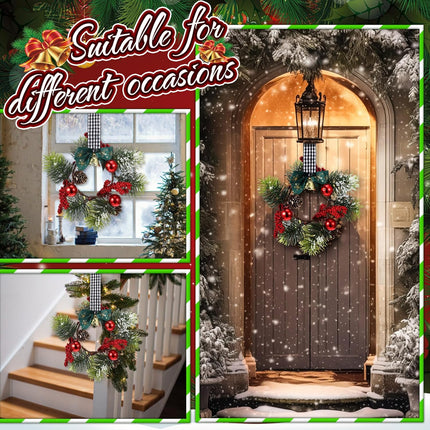 Zeyune 12 Pcs Christmas Kitchen Cabinet Wreaths with Plaid Bow Ribbon Hanging Cabinet Doors Wreaths Decorative for Kitchen Window Outdoor Indoor Holiday Decor, 14.96 x 7.87'' (Simple Style)