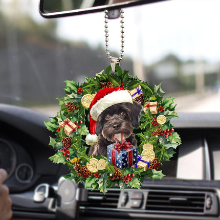 Talataca Schnoodle 2D Flat Christmas Ornament, Schnauzer Poodle Mix Wearing A Christmas Hat Wreath Pine Tree Decor, Hanging House Charm Eve Keepsake, Car Rear View Mirror Accessories, Xmas