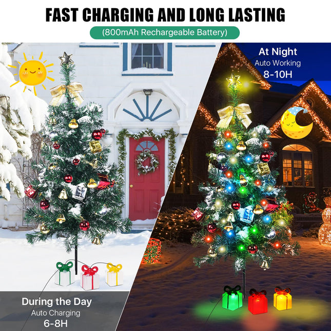 Solar Christmas Tree Decorations Outdoor Lights 2 Pack with 60 LED 44 Xmas Ornaments 6 Lighted Boxes 8 Modes 30Inch Mini Prelit Christmas Tree for Porch Pathway Yard Grave Cemetery Decor