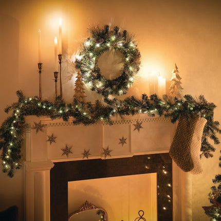 Sullivans 9' Prelit Christmas Garland, Christmas Decor, Garland Christmas Decorations, Artificial Flocked Pine Garland For Mantle with Lights, Pinecones, Battery Timer, and Gold Accents, Holiday Decor