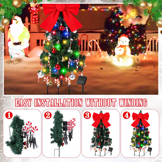 2 Pcs Solar Christmas Tree with Lights Outdoor Waterproof 31.5 Inch Solar Powered Xmas Tree Lights with 45 Leds and 8 Modes Bow Balls Bells Candy Bars Decor for Yard Garden Pathway Lawn Patio