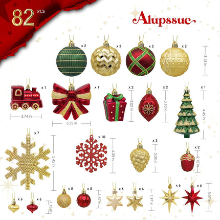 82pcs Christmas Balls Ornaments Set, Delightful Classic Set Set, Shatterproof Plastic Decor for Xmas Tree Holiday Wedding Party Decorations with Hanging Strings,Gold,Red and Green