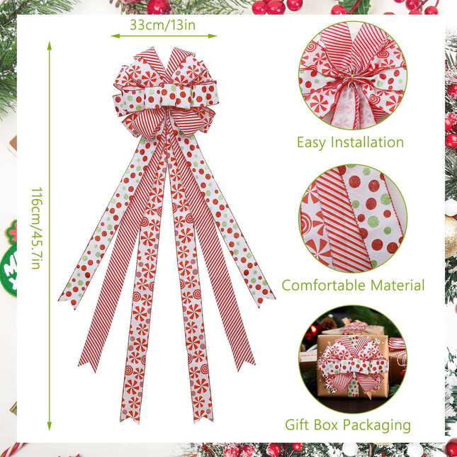 Christmas Tree Topper Wreath Bow Large Red Green Glitter Dot Bow Red White Stripe Ribbons Ornaments for Xmas Garland Wedding Home Holiday Party Thanksgiving Indoor Outdoor Decor 46"x13"