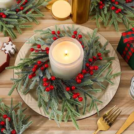 Giegxin 4 Pcs Christmas Candle Rings Wreaths Artificial Norfolk Pine Rings Wreaths Red Berry Pillar Garland Candle Ring Holder for Christmas Table Centerpieces Holiday Festival Decor