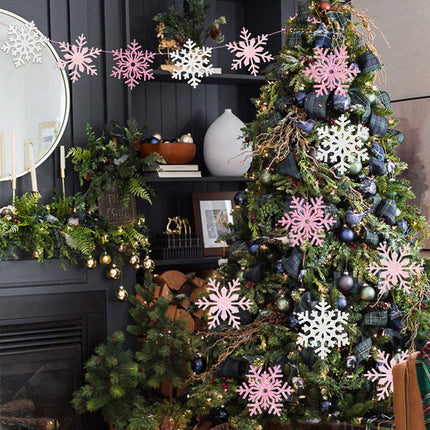 2 Pack Snowflake Banner Garland Ornaments Decorations Pink & White for Christmas Party Girls Winter Wonderland Birthday Baby Shower, Holiday Home Table Decor