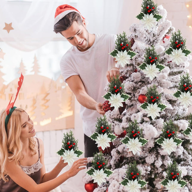 Hotop 12 Pcs Poinsettia Flowers Christmas Artificial Glitter Flower with Clips Poinsettia Christmas Decorations Artificial Christmas Flowers for Garland Wreath Tree Home Party(White,Classic)