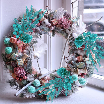 Winlyn 12 Pcs Christmas Artificial Pine Branches Teal Glitter Pine Needles with Pinecone and Berries Christmas Floral Picks 14.2" for Teal Christmas Tree Seasonal Wreath Swag Holiday Arrangement
