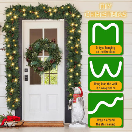 9 FT Christmas Garland with Lights,Christmas Decorations Garland Mixed Pinecones, with Timer, Battery Operated,Christmas Decor Garland for Stairs Indoor Mantle Door Wall Outdoor (Green+Brown)