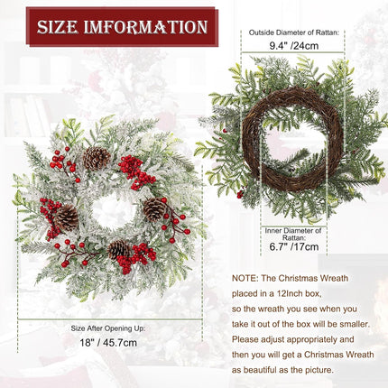 Christmas Wreath, 18 Inch Flocked Snow Wreath with Frosted Branches, Berries and Pine Cones for Front Door Decoration Indoor Window Wall Fireplace Xmas Décor