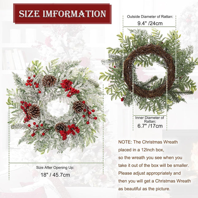 Christmas Wreath, 18 Inch Flocked Snow Wreath with Frosted Branches, Berries and Pine Cones for Front Door Decoration Indoor Window Wall Fireplace Xmas Décor