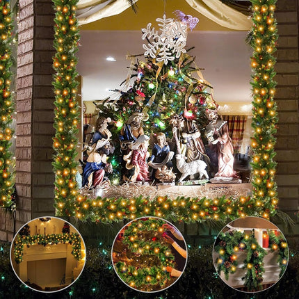 Remote Control&Timer 8 Modes-9 Ft by 10 Inch Prelit Christmas Garland Decorations 50 Warm White Lights Lighted Cedar Garland 300 Branch 198 Red Berries 18 Pinecone Mantle Xmas Garland Christmas Decor