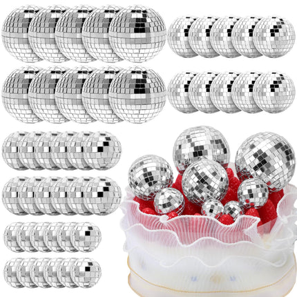 Geetery 70 Pcs Disco Ball Cake Topper Various Sizes Disco Ball Cake Decorations Reflective Mirror Disco Ball Decor Silver Disco Ball Centerpiece Disco Cake Topper for 70s Birthday Party Wedding