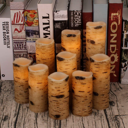 Flameless Candles Birch Bark Effect Battery Operated Candles 4" 5" 6" 7" 8" 9" Set of 9 Real Wax Pillar LED Candles Each Candle 2.2" Diameter with 10-Key Remote Control 2/4/6/8 Hours Timer