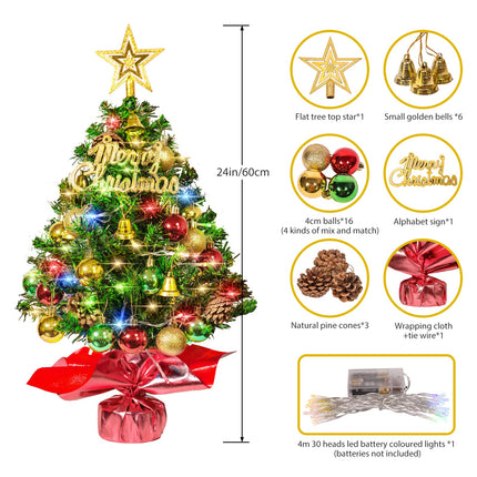 Table top Christmas Tree 24 Inch Small Christmas Tree with 30 LED Lights, Prelit Artificial Mini Christmas Tree, Home, Office, DIY Christmas Decorations