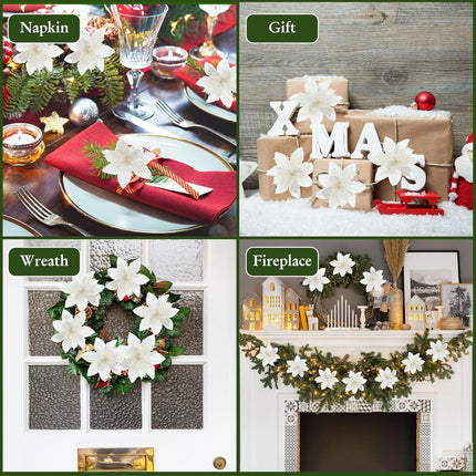 Xinnun 40 Pcs Christmas Tree Decorations 5.5 Inch Poinsettias Artificial Flowers Ornaments Xmas Flowers with Stems for Wedding Party Wreath Decoration Wedding Home(White)