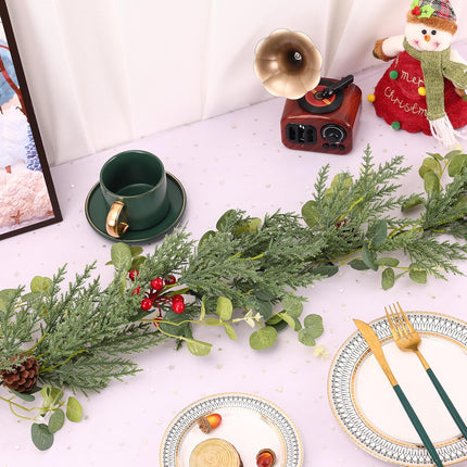 Christmas Garland with Lights, Pre-lit 6.25 FT Artificial Greenery Pine Cedar Eucalyptus Garland, Natural, Battery Operated, Decorate Mantle, Fireplaces, Front Door, Stairs Railing Xmas Decorations