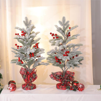 U’Artlines 2 Pack Mini Christmas Trees,22 Inch Artificial Snowy Xmas Tree with Red Berry Christmas Snow Trees with Solid Base for Christmas Holiday Decor Party Home Table Craft Tabletop Decorations