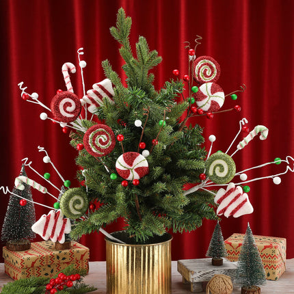 6 Pcs Christmas Tree Picks Candy Cane Decor Candy and Lollipop Pick Christmas Tree Decoration Red Green and White Stripes Christmas Ornaments for Xmas Tree Home Decorations Holiday