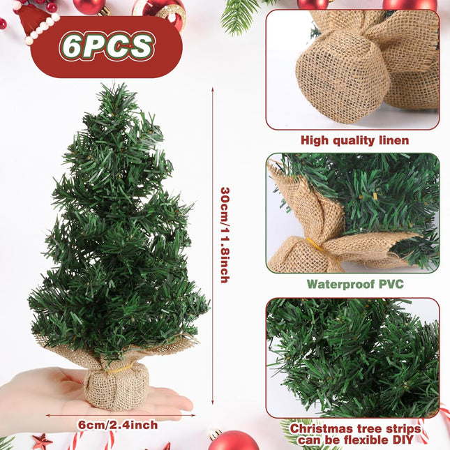 Tabletop Mini Christmas Tree Artificial Mini Xmas Pine Tree Miniature Pine Christmas Tree with Linen Base for Christmas Decorations Indoor Home Kitchen Dining Table(6 Pcs,11.81 Inch)