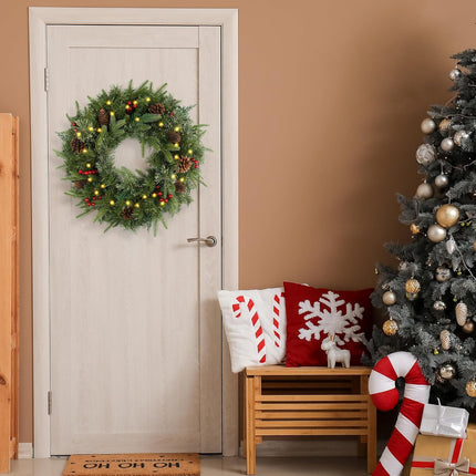 Christmas Wreath Pre-lit 24 inch with 50 Light & Pine Cone, Artificial Christmas Wreaths for Front Door with Lights, Wreath for Christmas Decoration Door Windows Wall Green